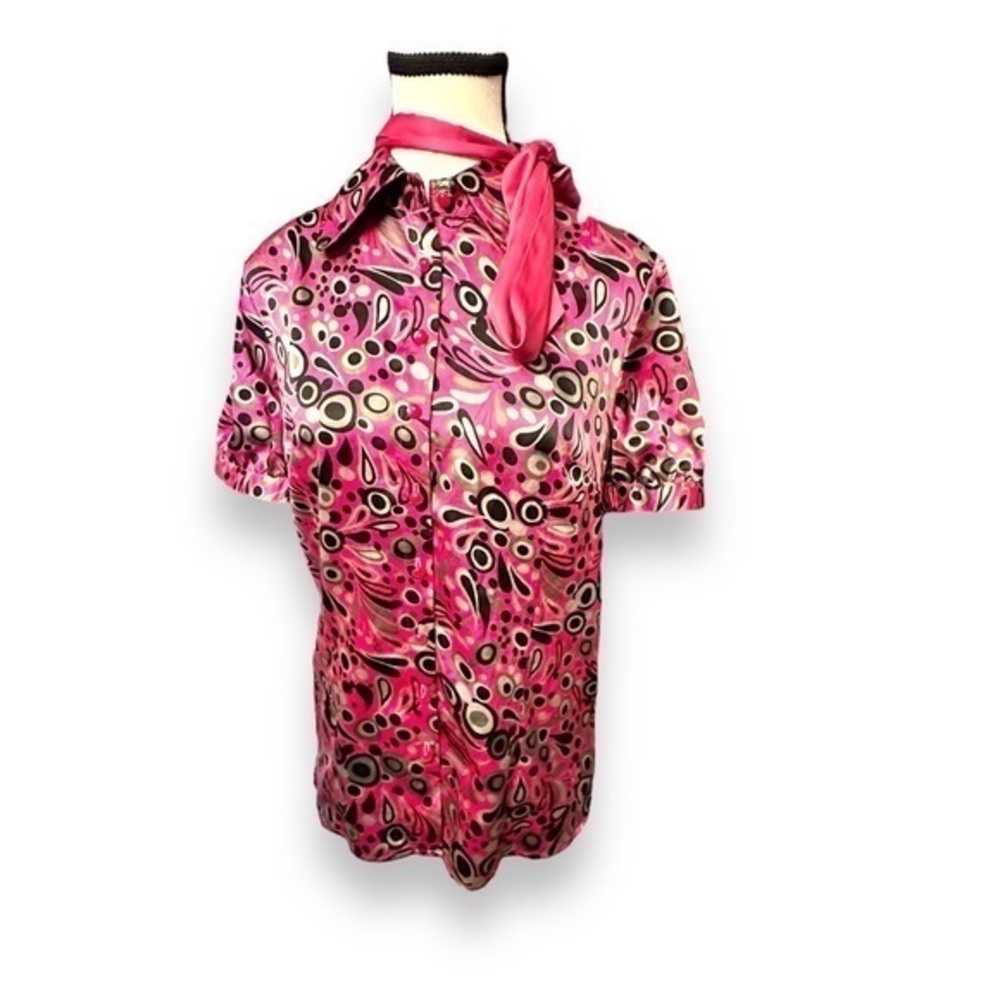 Pink Retro 60s 70’s Satin Blouse with Neckerchief Built In